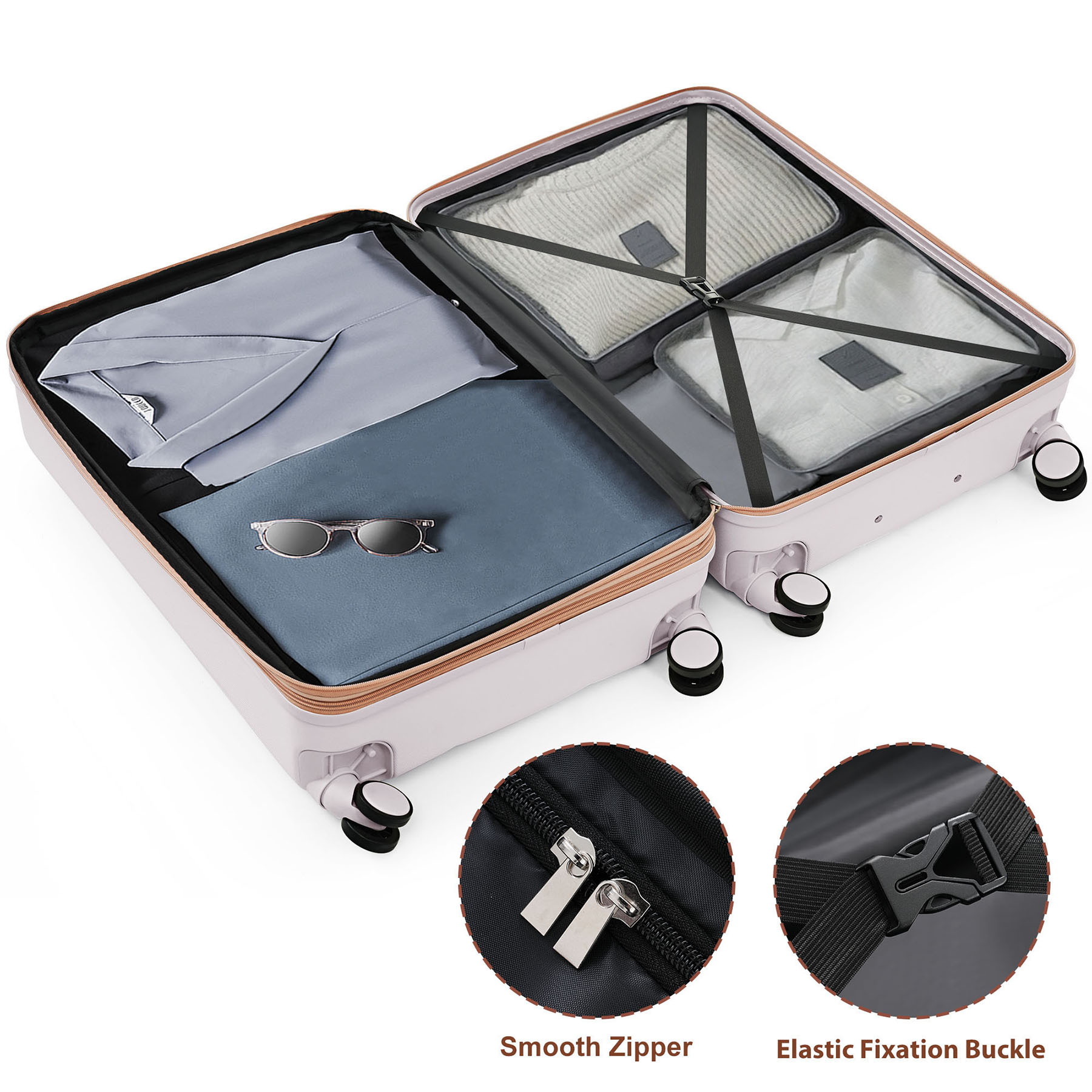 CQSXDA ABS Travel Luggage Set of 3 Airline Certified Carry-on Luggage with Cup Holder Durable ABS Hard Shell Luggage with Smooth Spinner Wheels , LIGHT GREY