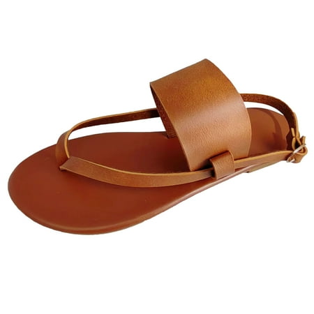 

PMUYBHF Wedge Sandals for Women Closed Toe White Ladies Fashion Summer Solid Leather Clamping Toe Buckle Flat Bottom Beach Sandals