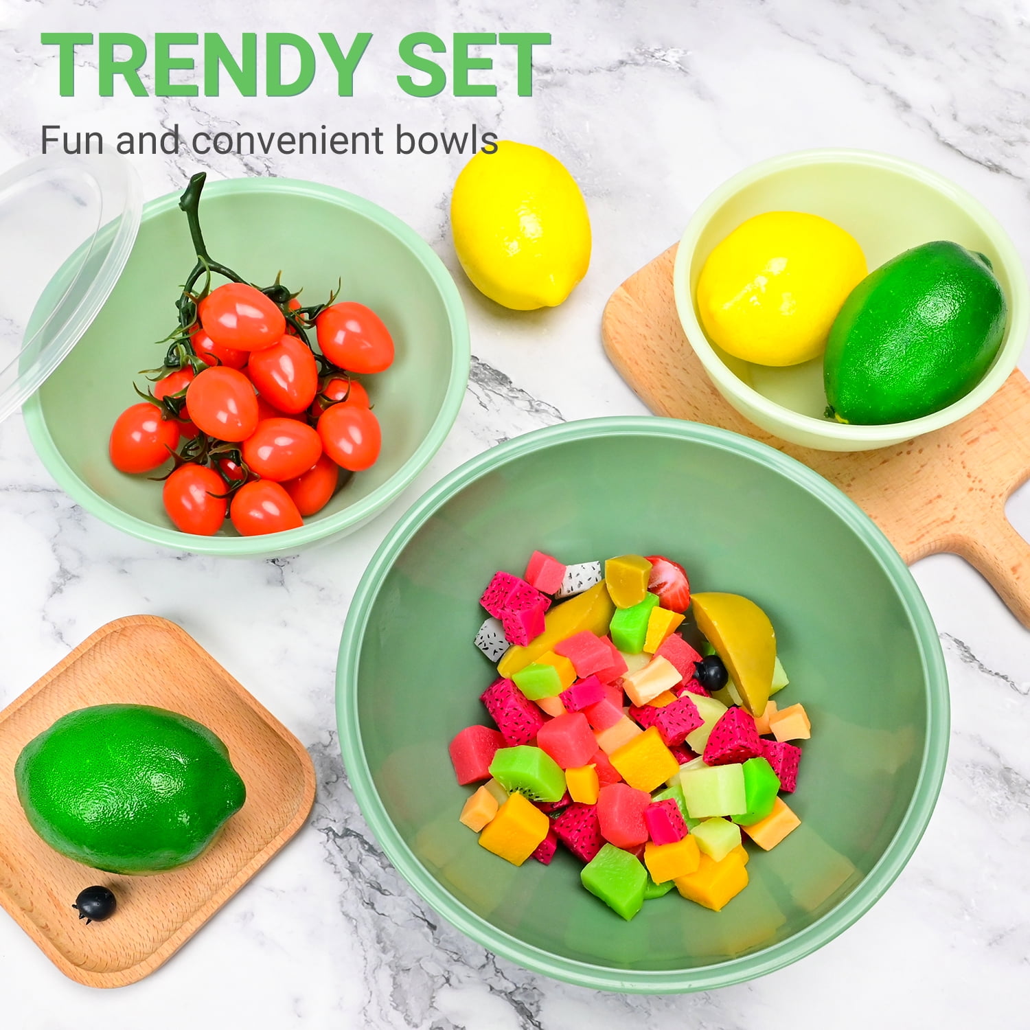TINANA Plastic Mixing Bowls with Lids Set, 12 Piece Green Ombre Mixing Bowl Set for Kitchen, Nesting Bowls with Lids Set, 6 Prep Bowls and 6 Lids, Diswasher and Freezer Safe