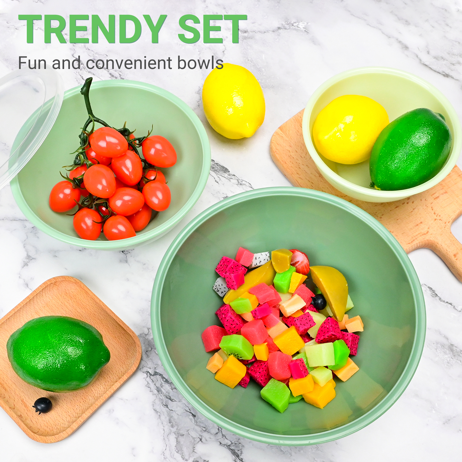 TINANA Plastic Mixing Bowls with Lids Set - 12 Piece Colorful Mixing Bowl Set for Kitchen - Nesting Bowls with Lids Set, 6 Prep Bowls and 6 Lids - Microwave and Freezer Safe (Green Ombre) - image 5 of 7
