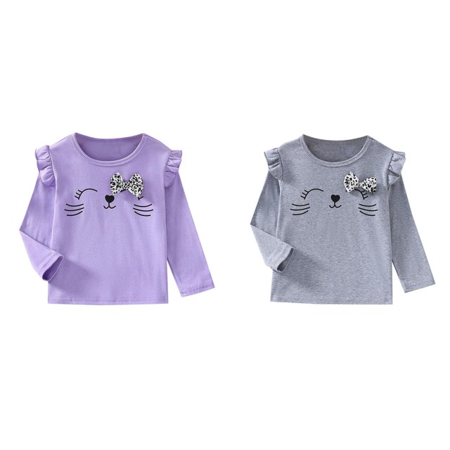 (Lot de 2) Rinsvye T-Shirts à Col Rond Doux pour Tout-Petits Filles Hauts Confort Basique Tout-Petit Extra Large Imprimé Manches Longues T-Shirts à Manches Longues Blouse