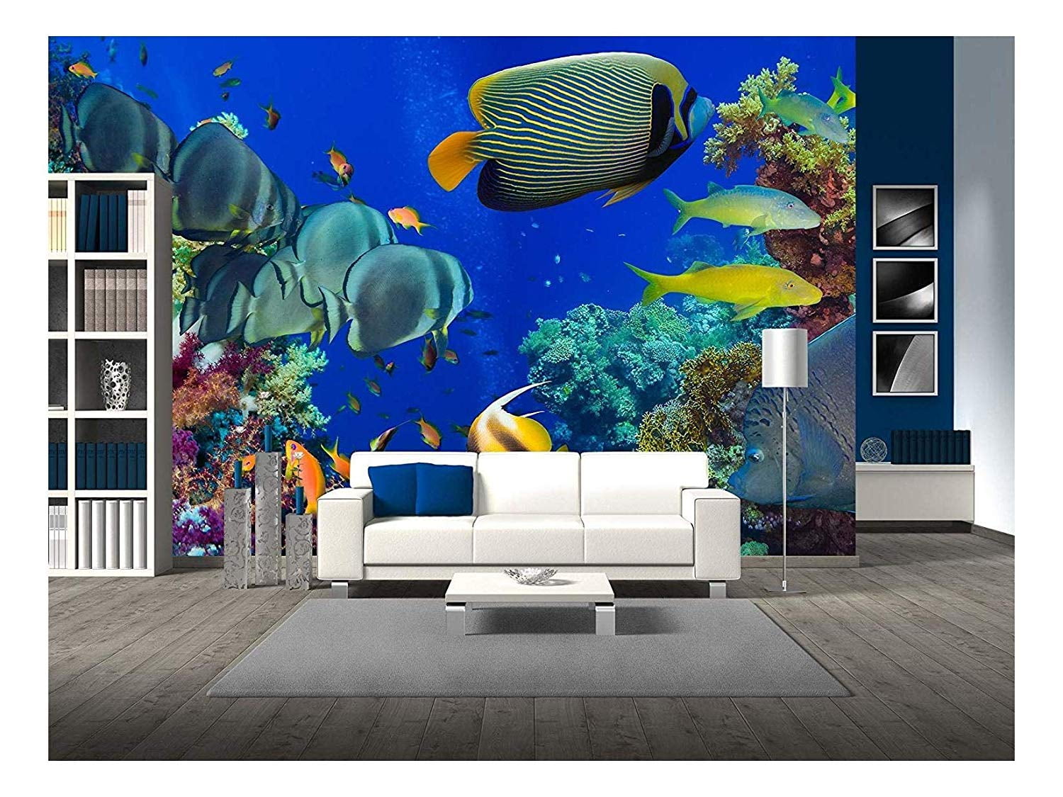 Pretty Pattern Wall Mural Decal Artistic Peel and Stick Cool Underwater Wall Cling Lion Fish Removable Wallpaper Modern Home Decor