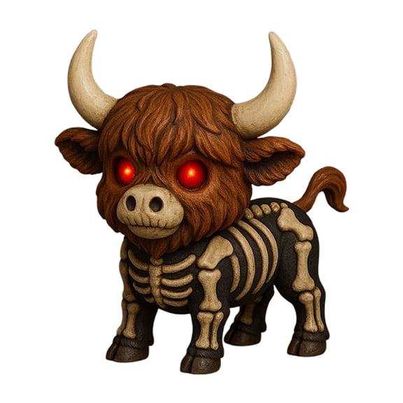 Xinwanna Fall Skeleton Highland Cow Spooky Highland Cow Figurine with Glowing Red Eyes Halloween Tabletop Resin Statue for Home Garden Kitchen Office Table Decor (15cm)