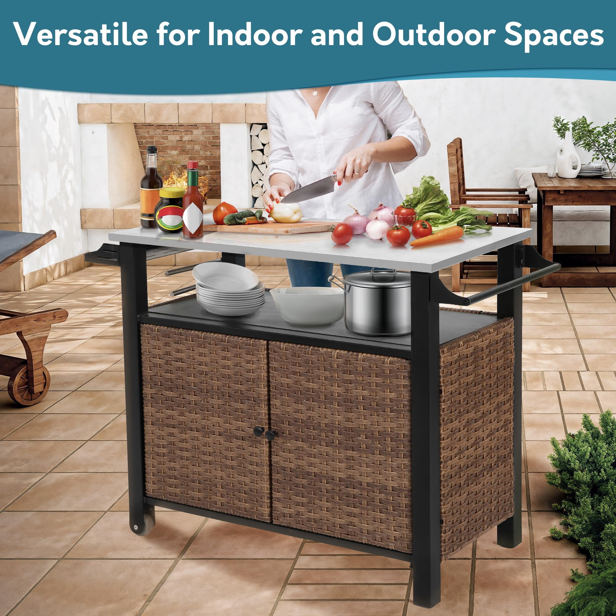 Homefun Outdoor Large Kitchen Rolling Cart Storage Wicker Island Cabinet Wheels Stainless Steel Extended Table Top bar