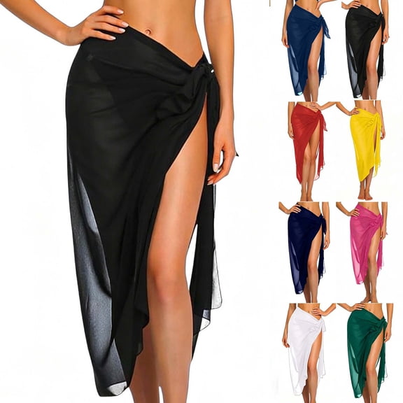 Women's Cover Up Skirts Tie Waist High Slit Midi Sarong Sheer Chiffon Mesh Beach Cover Up Swimwear Vacation Wear Swim Coverups for Women Black One Size