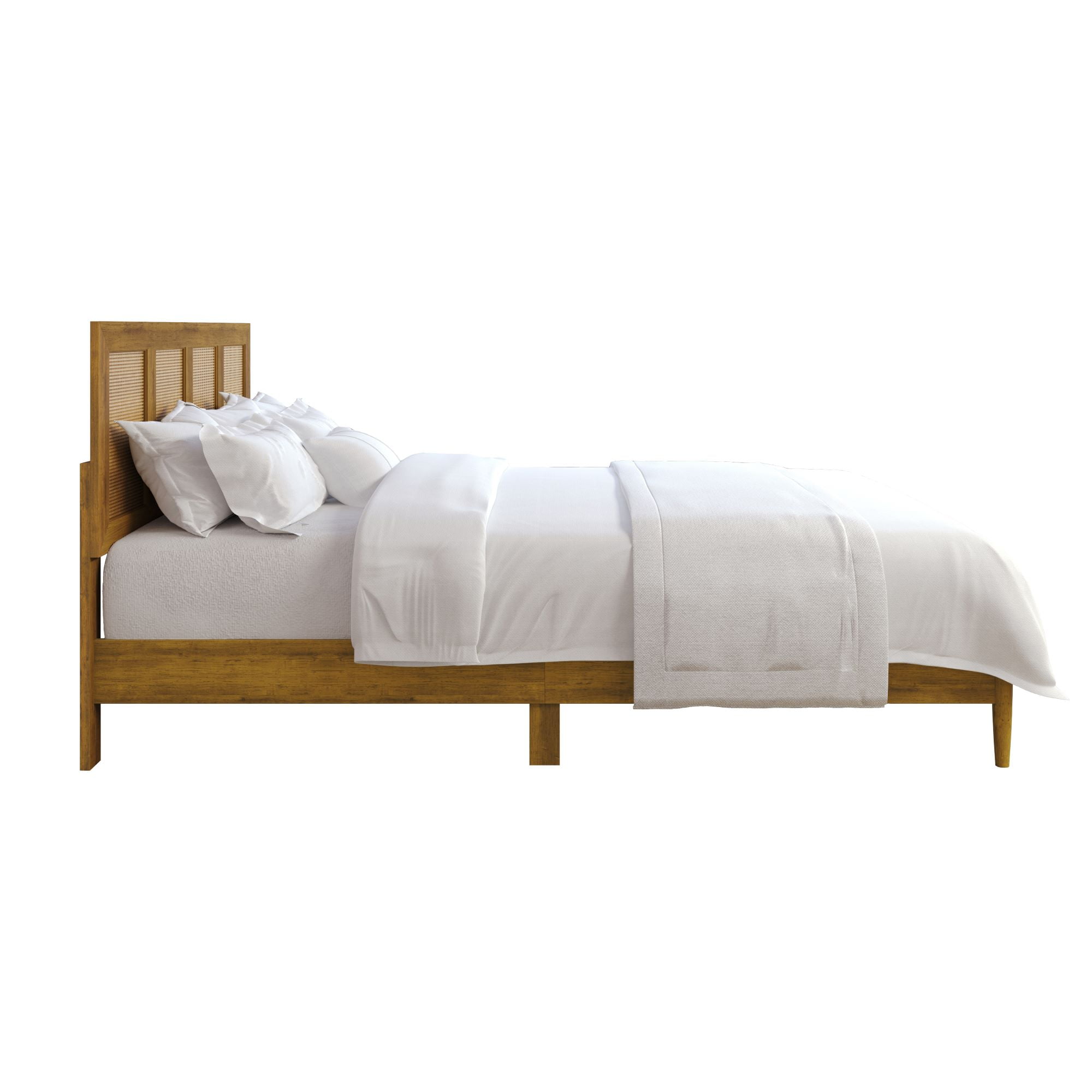 Home Design Skokie Queen Platform Bed Frame with Rattan-Embellished Headboard and Full Slat System, Brown, Easy Assembly