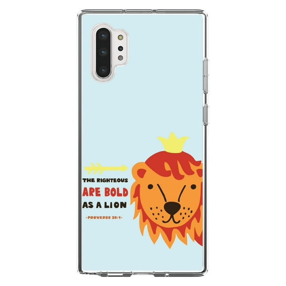 DistinctInk Clear Shockproof Hybrid Case for Galaxy Note 10 PLUS (6.8" Screen) - TPU Bumper, Acrylic Back, Tempered Glass Screen Protector - Proverbs 28:1 - The Righteous Are Bold As a Lion