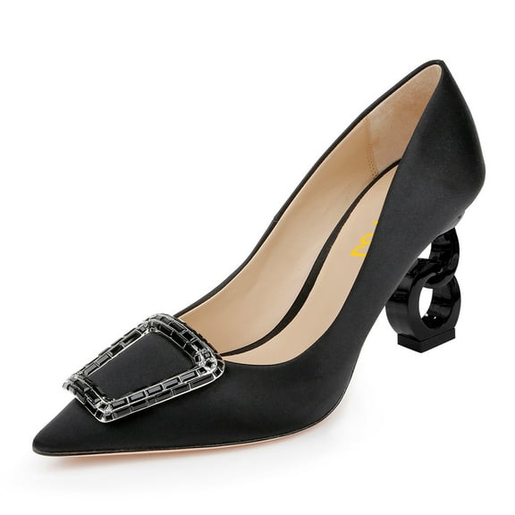 FSJ Women Comfort Chain High Heel Slip On Pumps Pointed Closed Toe Sparkly Rhinestone Studded Jewel Buckle Office Wedding Shoes Size 8 Black