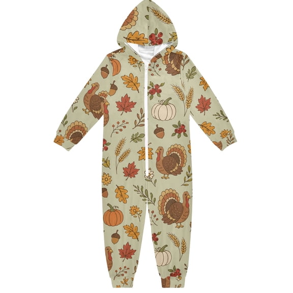 Pumpkin Turkey Wheat Stalk Boys & Girls Hooded One-Piece Pajamas Warm Crystal velvet Hooded Long Sleeve Loungewear Jumpsuit Unisex