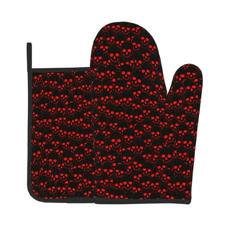 

Jgfou Red Skulls 4 Pattern Oven Mitts and Pot Holders Sets Heat Resistant Oven Mittens Soft Lining Extra Thicken Long Kitchen Cotton Oven Glove for Cooking