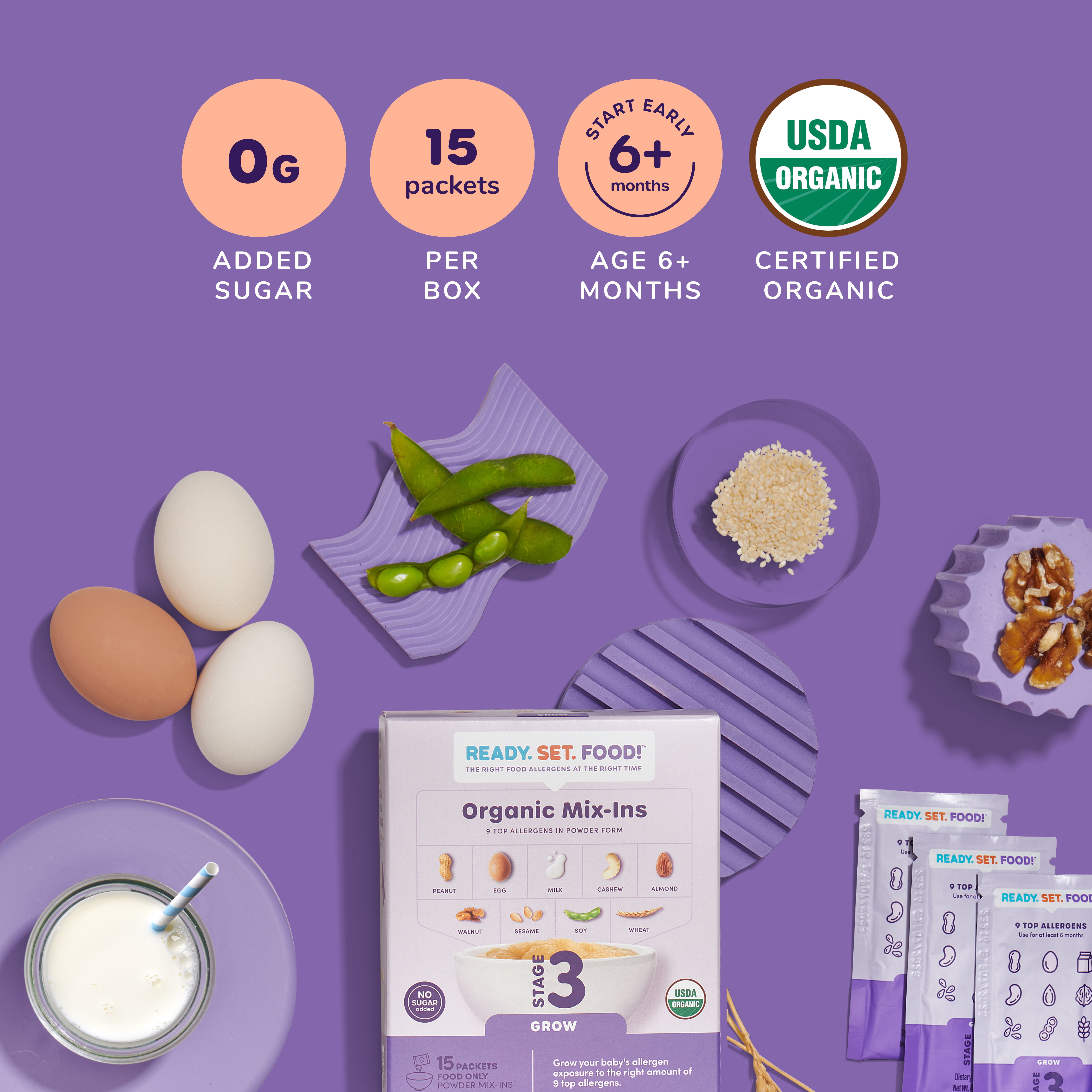 (6 pack) Ready, Set, Food! Organic Early Allergen Introduction Mix-Ins, Babies 6 Months, Stage 3, Unflavored