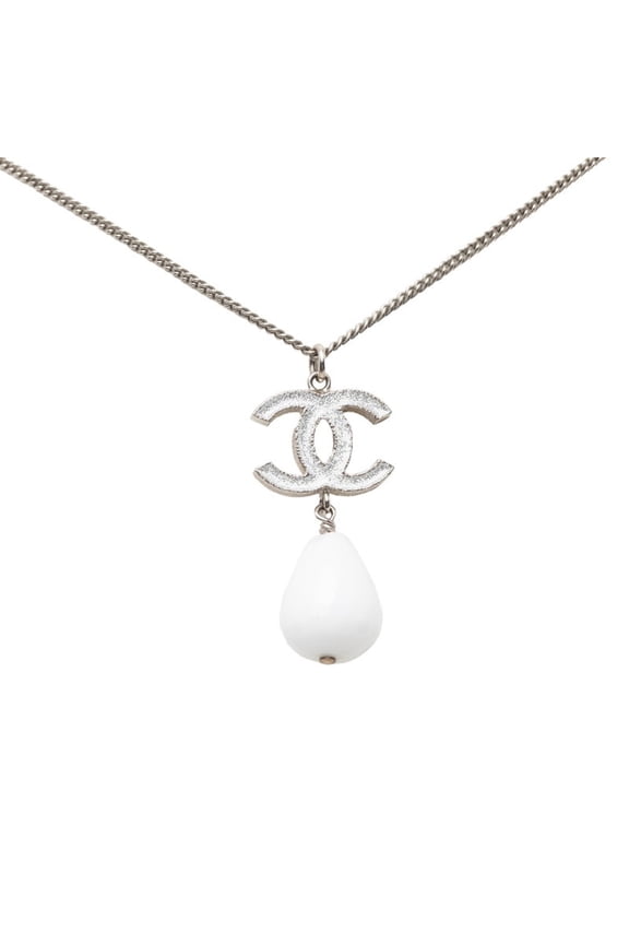 Pre-Owned Chanel Coco Mark Teardrop Chain Pendant Necklace, B10A stamp, A43326, Silver, White...
