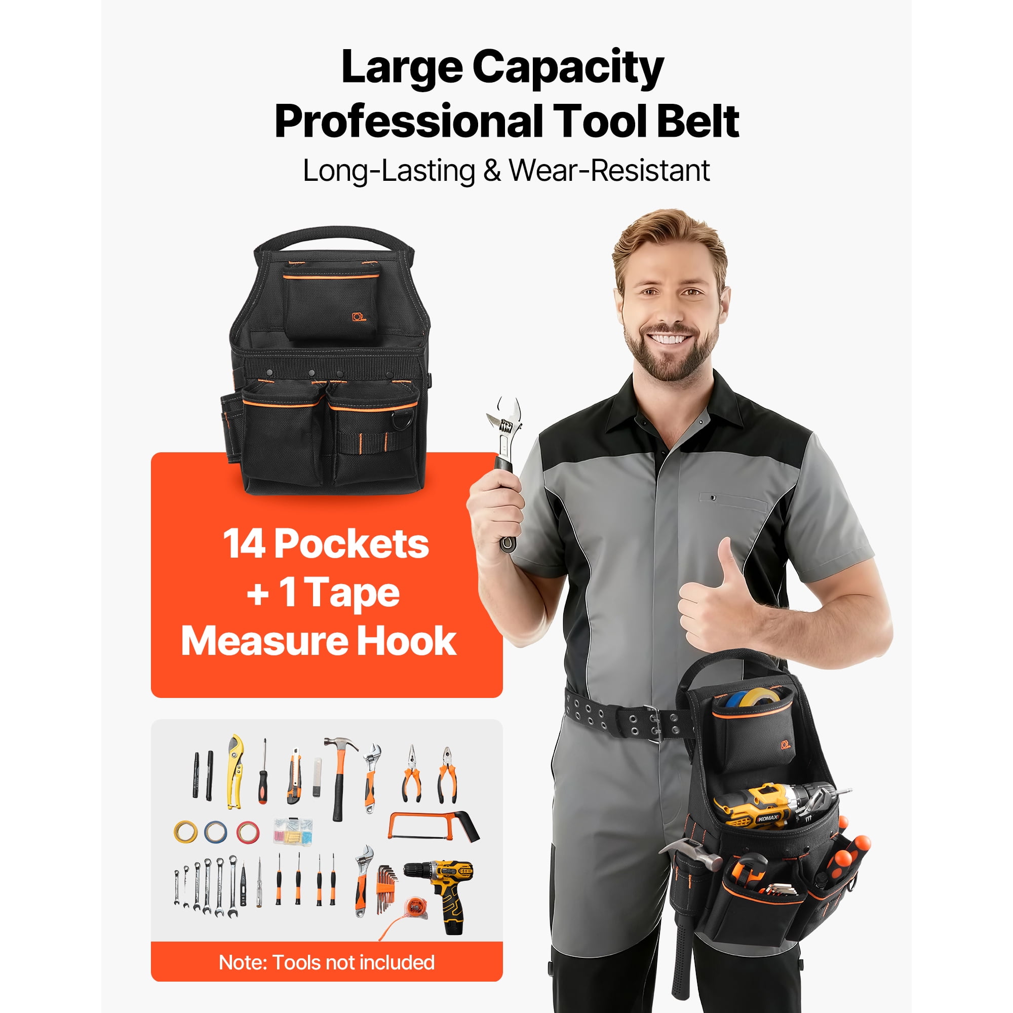 KFFKFF Tool Pouch with Belt, 14-Pocket Professional Utility Belt for Men, Durable Adjustable Work Bag for Electricians, Carpenters, and Construction, Fits Waist Sizes 32 to 50 Inches