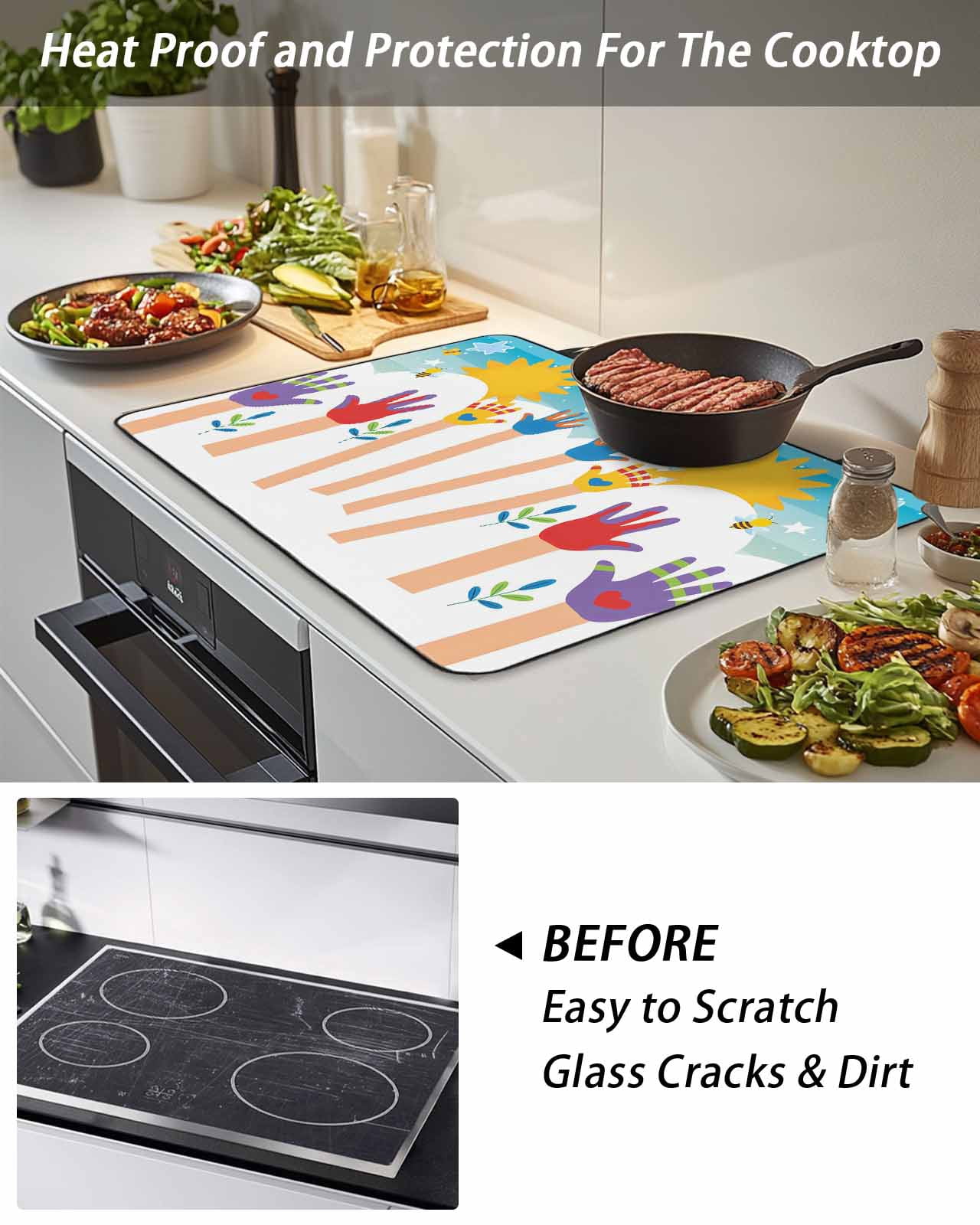 Stove Top Covers for Electric Stove, Colorful Love Heart Hand Glass Stovetop Cover Protector, Rainbow Sky Cartoon Kids Hands Induction Cooktop Protector Oven Mat for Kitchen Countertop 24"x21"