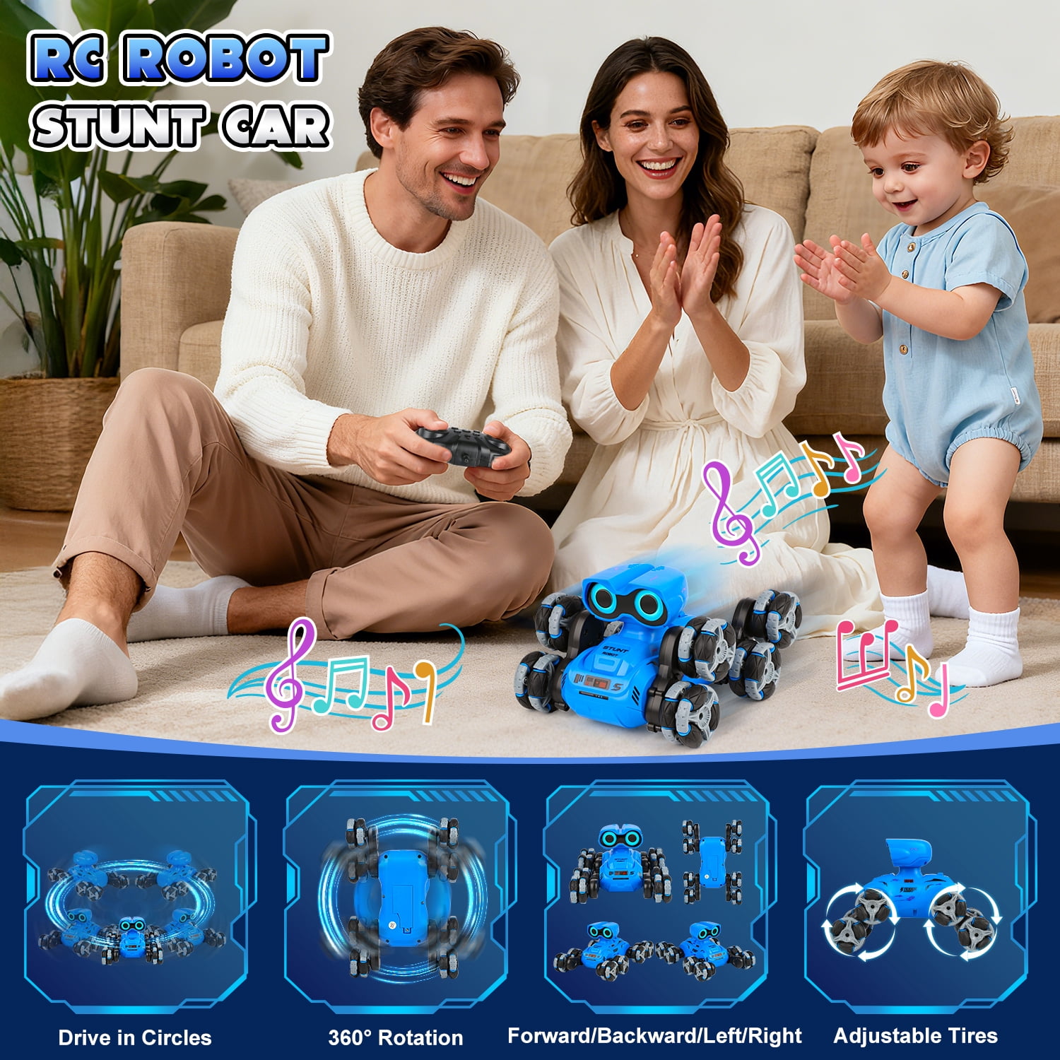 HopeRock RC Stunt Car Robot Toy for Boys Ages 2-6, 8-Wheel with LED Eye Lights, Music, Dance, All-Terrain & 360° Spins, Remote Control Robot Christmas Birthday Gift for Boys 3-12 Years Old.
