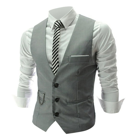 Grey Men'S Business Leisure Wedding Vest V Neck Sleeveless Slim Jacket Vest