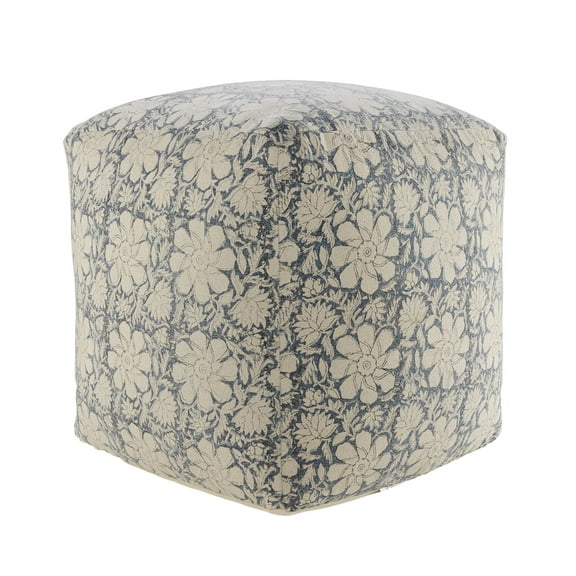 Laddha Home Designs 20" Navy Blue and White Floral Handmade Square Pouf Ottoman
