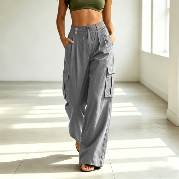 High Waist Cargo Linen Pants for Women, Button Drawstring Waisted Wide Leg Streetwear Trousers Gray XXL