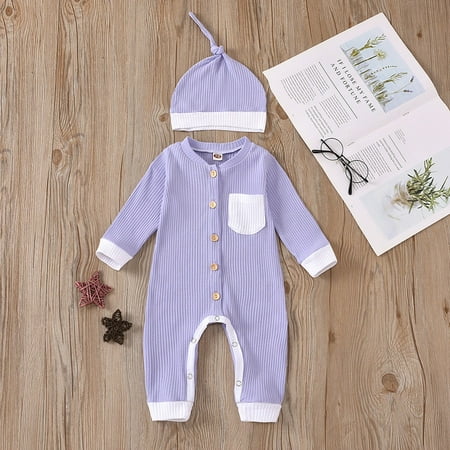 

SDJMa Newborn Toddler Baby Long Sleeve Solid Color Knitted Romper jumpsuit+Hat Set