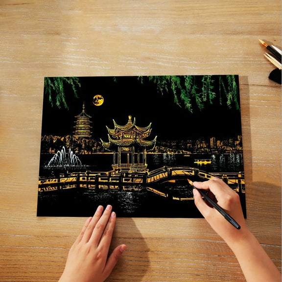 BGZLEU Scratch Art Rainbow Painting Paper, Sketch Pad DIY Night View Scratchboard for Kids & Adults, Engraving Art & Craft Set, Scratch Painting Creative Gift