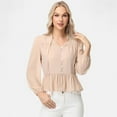 thumbnail image 3 of Women's Long Sleeve Button Front Peplum Blouse with V-Neckline and Gathered Waist Detail - X Large, Beige, 3 of 7