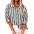 thumbnail image 2 of Women's Striped Button Down Shirt Long Sleeve Casual Linen Blouse Loose Fit Office Work Wear Spring Summer Outfit Black L, 2 of 6