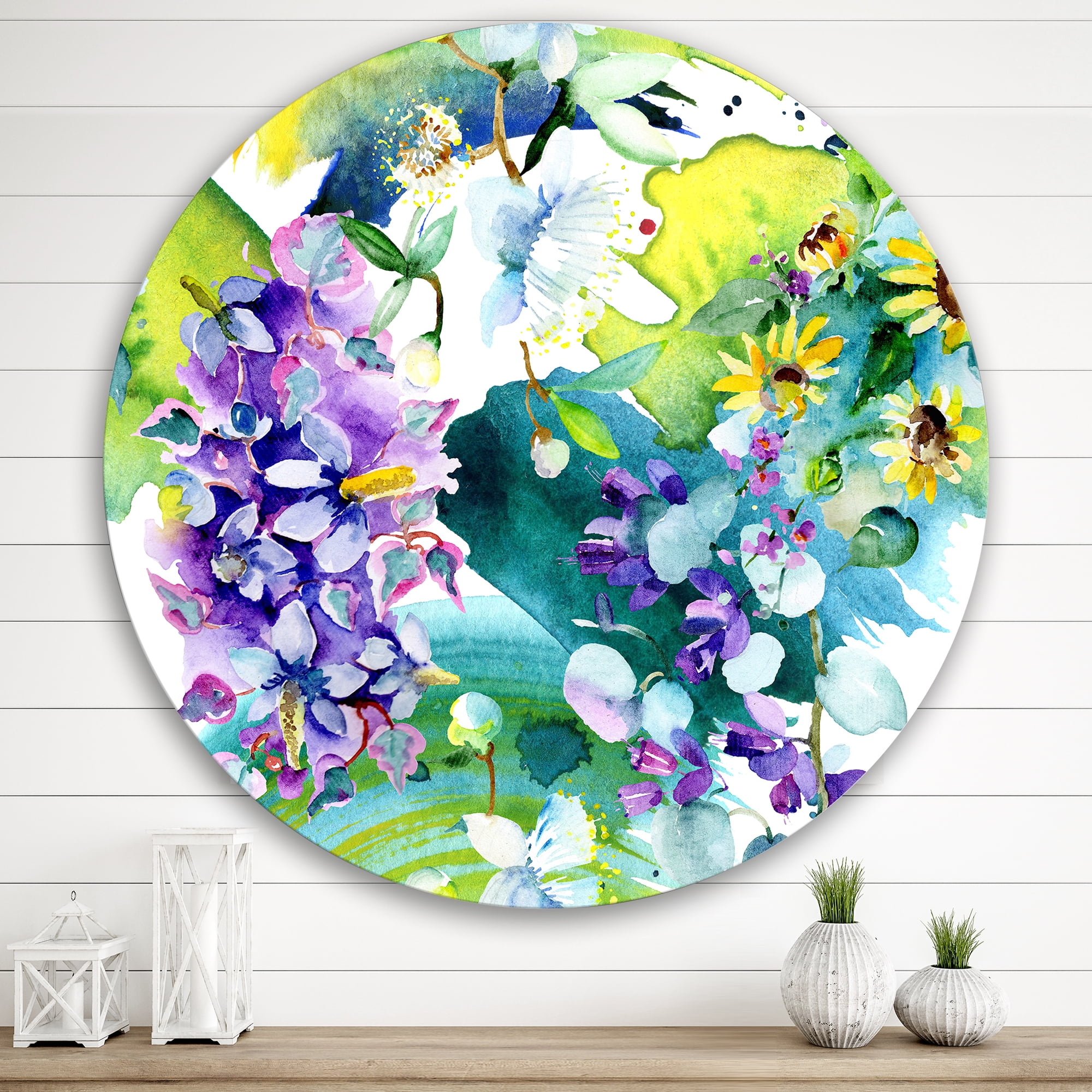 Designart 'Bouquet of Sunflowers and Wildflowers' Farmhouse Circle Metal Wall Art 36x36 - Disc of 36