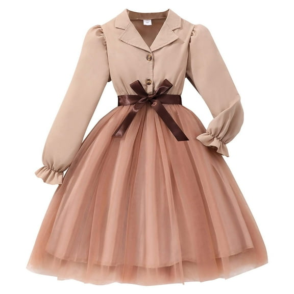 Mikilon Girls Long Sleeve Dress Kids Fall Peter Pan Collar Uniform Dresses 8-12 Years
