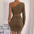 thumbnail image 4 of Vestido Mini de Cóctel con Volantes y Larga para Mujer, Moda 2025, con Hombros Descubiertos y Caderas Estrechas. Café Ligero M, 4 of 10