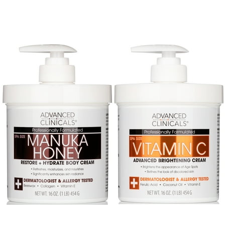 Advanced Clinicals Brightening Vitamin C Cream   Moisturizing Manuka Honey Cream 2pc Set, 16 Oz