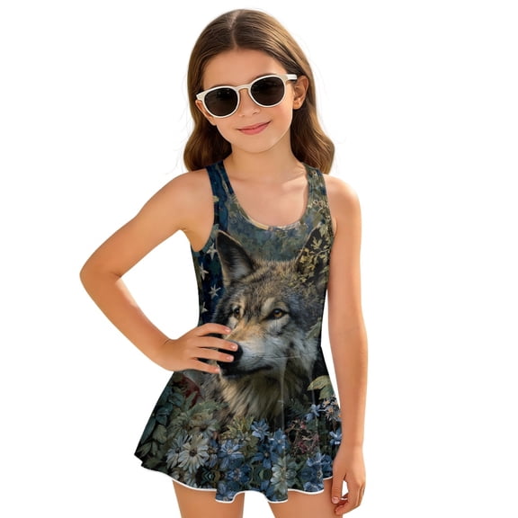 Uourmeti Girls' Wolf & Dark Floral Print Skirted One-Piece Swimsuit - Quick Dry Stretchy Swim Dress for Beach, Pool & Summer Vacation