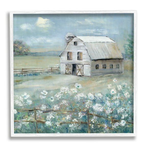 Stupell Industries Barn in Floral Meadow Landscape Painting White Framed Art Print Wall Art, 12 x 12