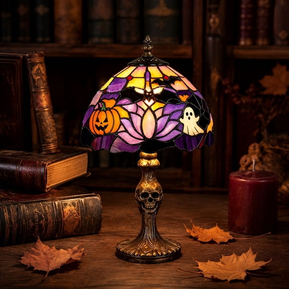Vintage Halloween Stain Glass Night Light, Ghost Pumpkin Print Lamp with Gothic Skull Base Decoration for Office Hotel Home Mantel Shelf Entryway Table Party House Window Display Ideal Gift