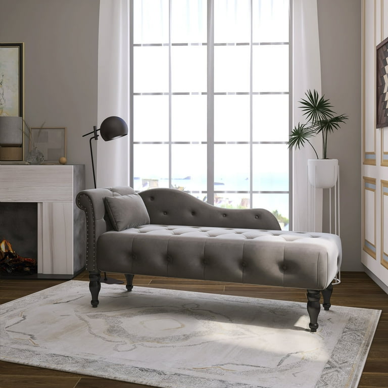 Holaki Tufted Upholstered Velvet Rolled Arm Chaise Lounges Right Arm Facing Chaise Lounge with Nailhead Trim for Living Room Bedroom Office Gray