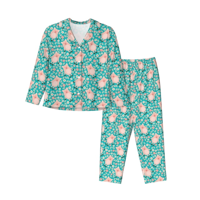 Balery Pig And Flower Conjunto de Pijama con Estampado para Mujer, Conjunto de Dos Piezas con Manga Larga, Ropa de Dormir Suave con Bolsillos, Pijamas Cómodos-Small