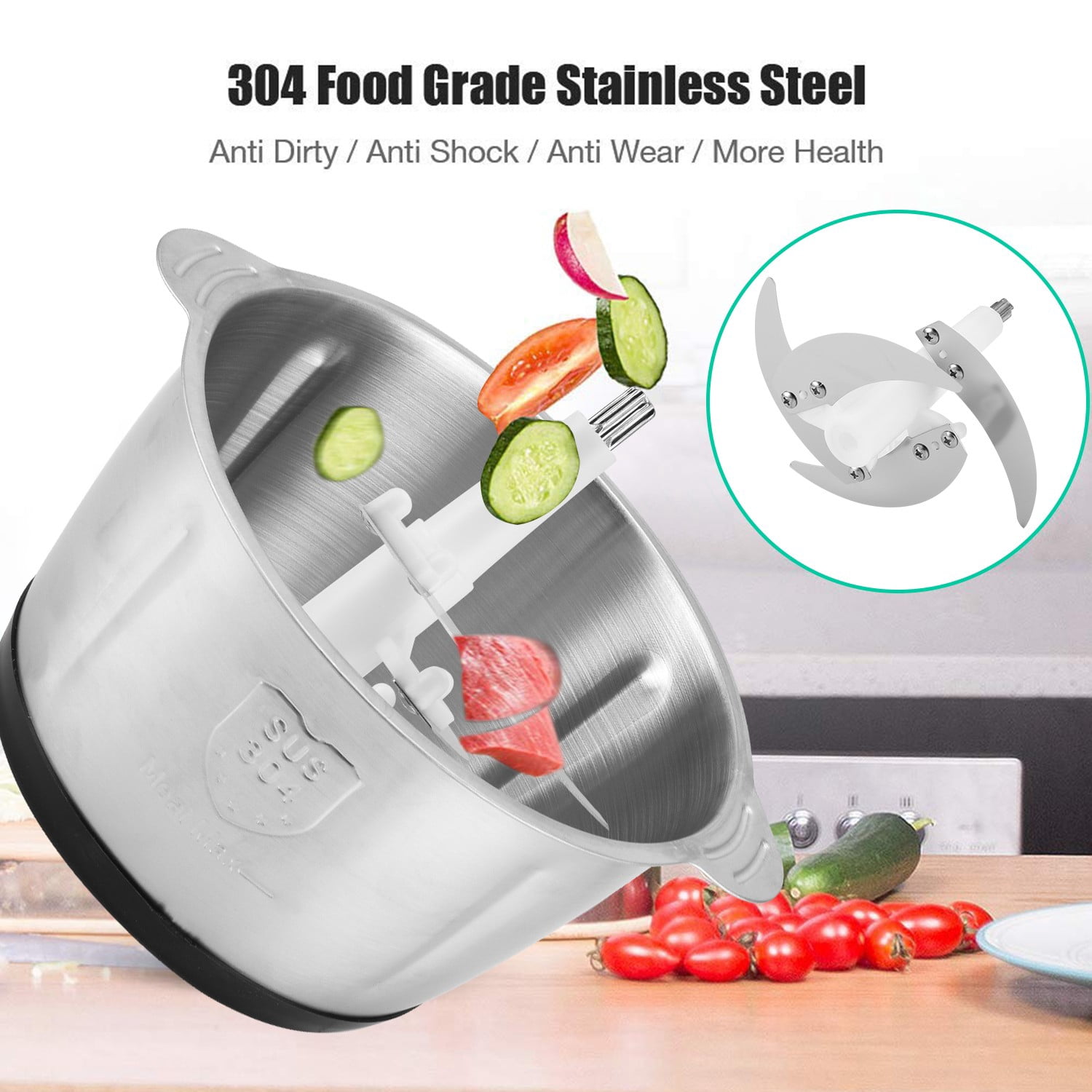 Cikuci Electric Food Chopper, 2L Stainless Steel Meat Grinder Food Processor and Sausage Maker
