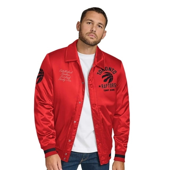Men's Tommy Jeans Red Toronto Raptors Jacob Chain Stitch Applique Full-Snap Varsity Jacket