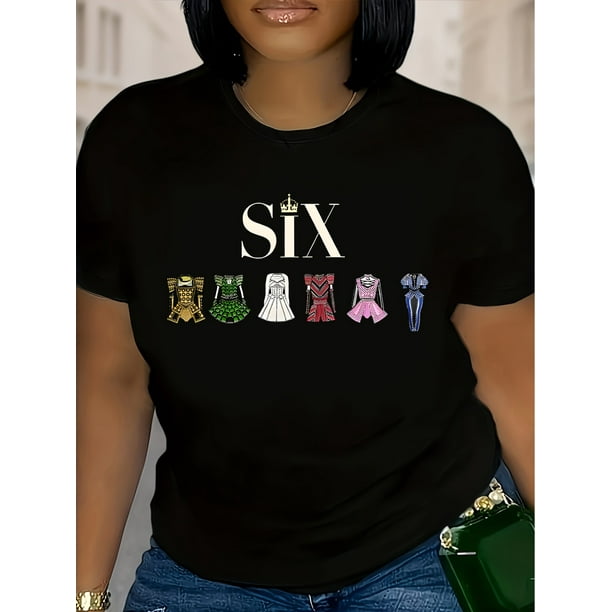 Six the Musical 90s Vintage Red T-Shirt for Women - Six Costumes & Crown Graphic Print, Casual Short Sleeve Crew Neck Top, Machine Washable Spring/Summer H-Line Fit