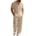 thumbnail image 5 of mihongmao Summer Cruise Outfits for Men Beach Outfits Man Style Solid Color Casual Fashion Hooded Pocket Short Sleeved Shirt Drawstring Waist Long Pants Beach Sets Khaki M, 5 of 8