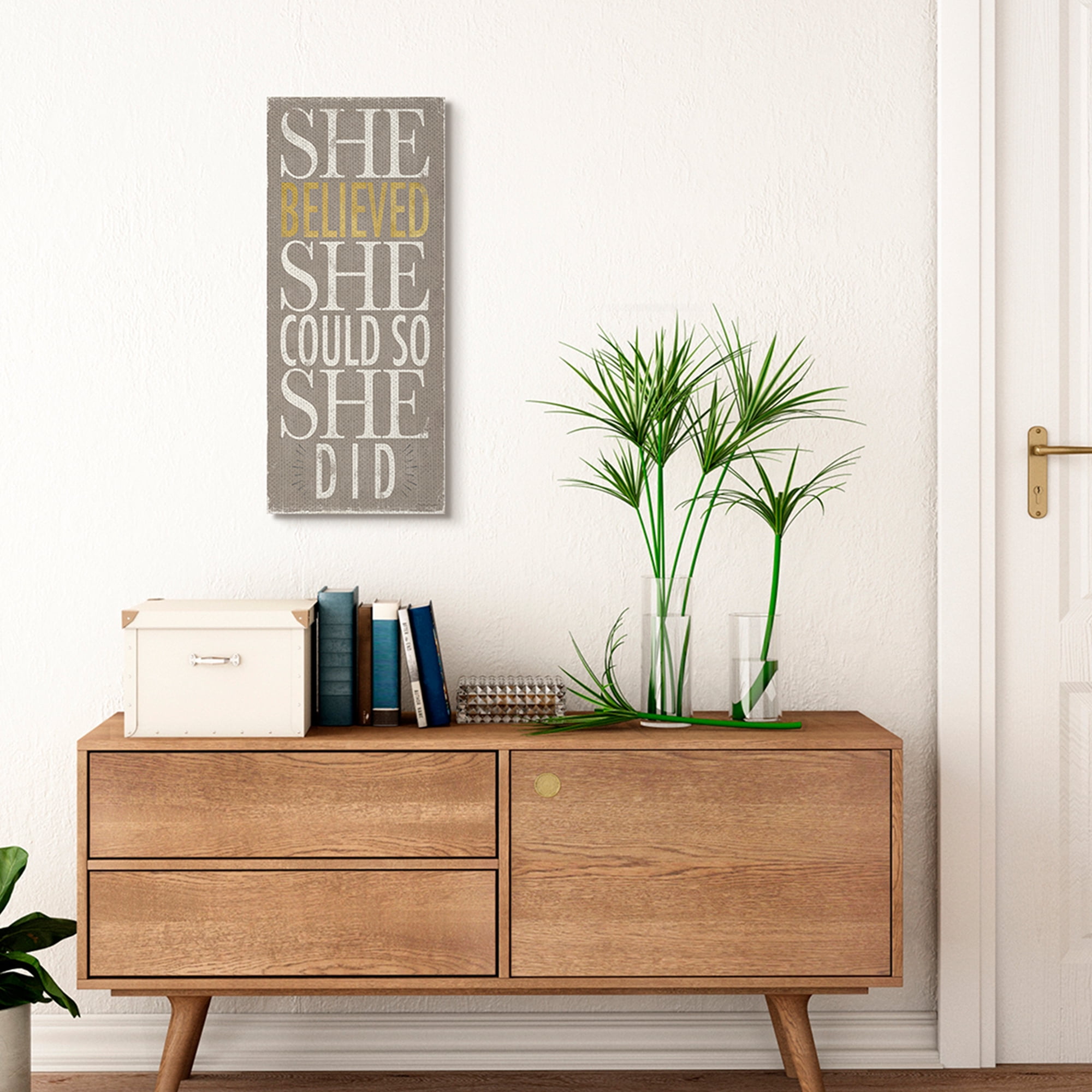Stupell Industries She Believed She Could Phrase Distressed Grey Inspirational Painting Gallery Wrapped Canvas Art Print Wall Art, 13 x 30