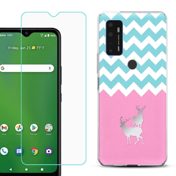 Shockproof Bumper Phone Case for AT&T Radiant Max 5G / Fusion 5G, with Tempered Glass Screen Protector, by OneToughShield ® - Chevron/Teal/Deer