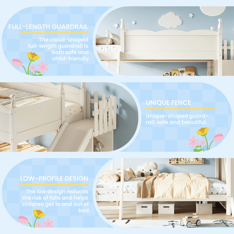 Full Over Full Bunk Bed with Slide and Ladder, Solid Wood Kids Bunk Bed with Storage Shelves and Hanging Rod, Low Profile Design, Full-Length Guardrails