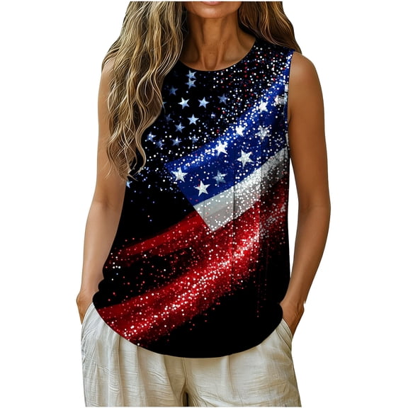 Jsaierl 4th of July Tank Tops for Women Casual Patriotic American Flag Graphic Tees Cute Sleeveless T Shirts Camisole Classic Crew Neck Tanks S-XXL