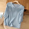 thumbnail image 5 of Pxiakgy shirts for women Women's Cotton Linen Button Short Sleeve Shirts Summer Loose Crew Neck Casual Boho Top Vintage Embroidered Blouse Tops Blue + XXL, 5 of 9