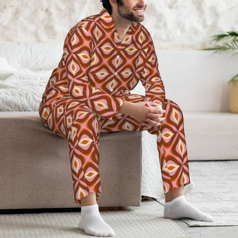 Mens Pajamas Set 70s Retro Style Soft Comfy Long Sleeve Button Up Pajama Sets for Men 2 Piece Sleepwear Nightwear Pjs Lounge Sets for Men with
