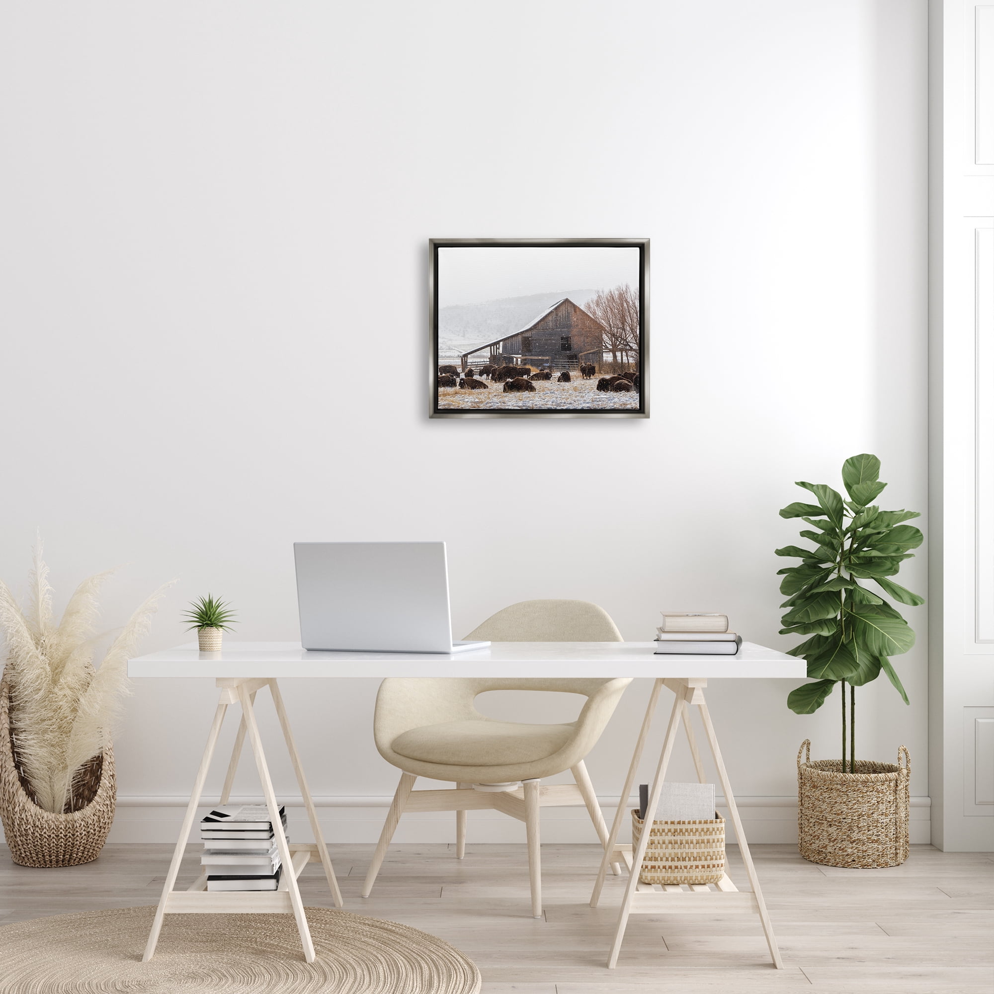 Stupell Industries Snow Dusted Barn Buffalo Bison Rural Farm Photograph Luster Gray Floating Framed Canvas Print Wall Art, Design by Jeff Poe Photography