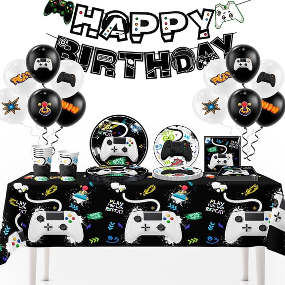 Video Game Party Decorations, 78pcs Game Birthday Decorations & Tableware - Plates Napkins Tablecloth Balloons Banner for Gaming Party Supplies