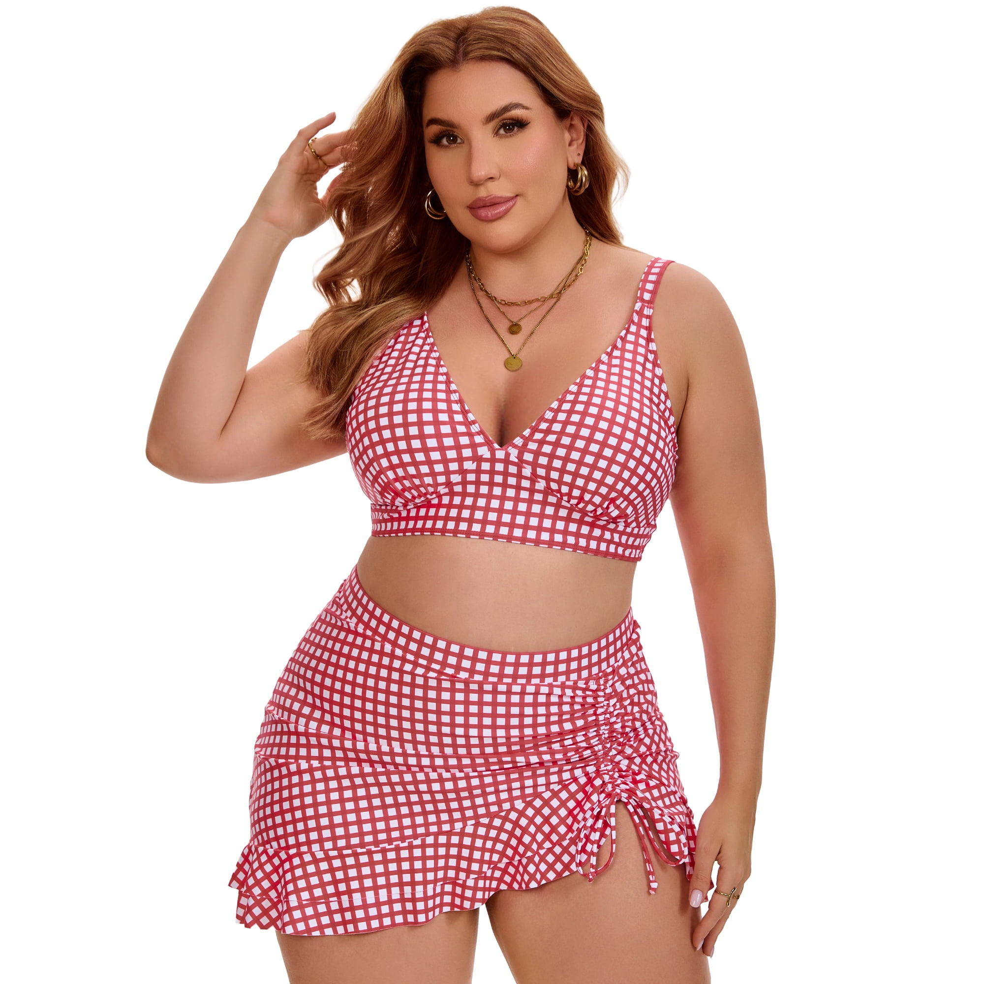 DARING DIVA Women's Plus with Retro Gingham High Waisted Bikini 1X Red