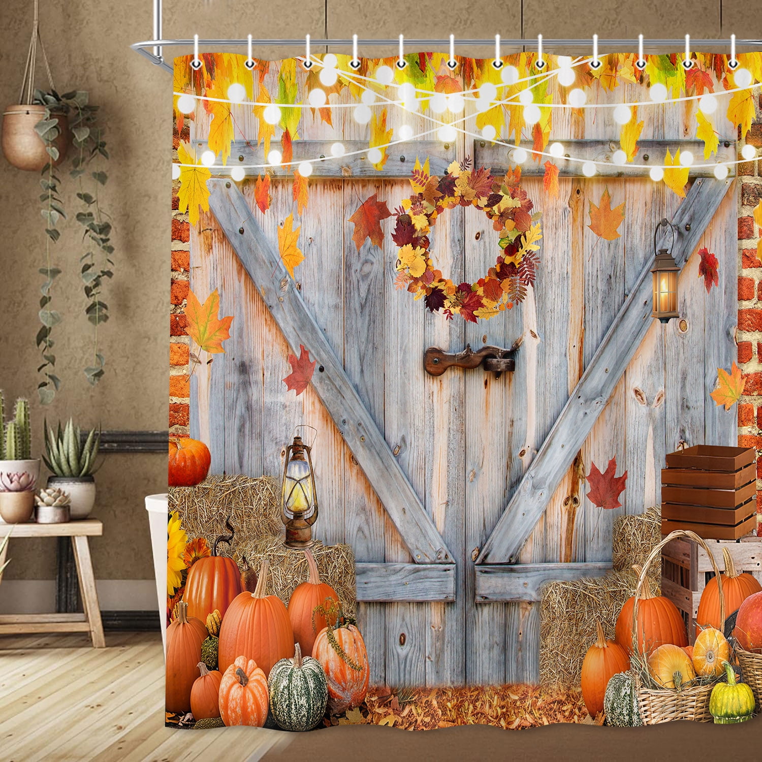 Fall Shower Curtain, Farmhouse Barn Door Pumpkin Bath Curtain, Rustic Autumn Thanksgiving Harvest Bathroom Curtain Bathtub Decor, Polyester Fabric Waterproof Bathroom Curtain with 12 Hooks 70X75in