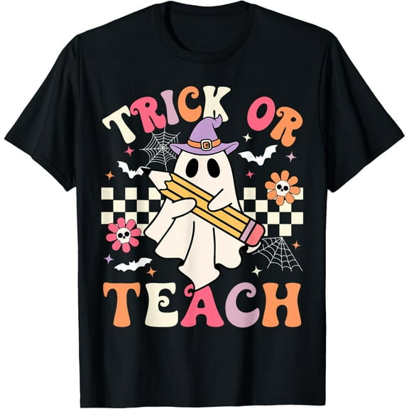 Trick Or Teach Groovy Teacher Halloween Retro Floral Ghost T-Shirt